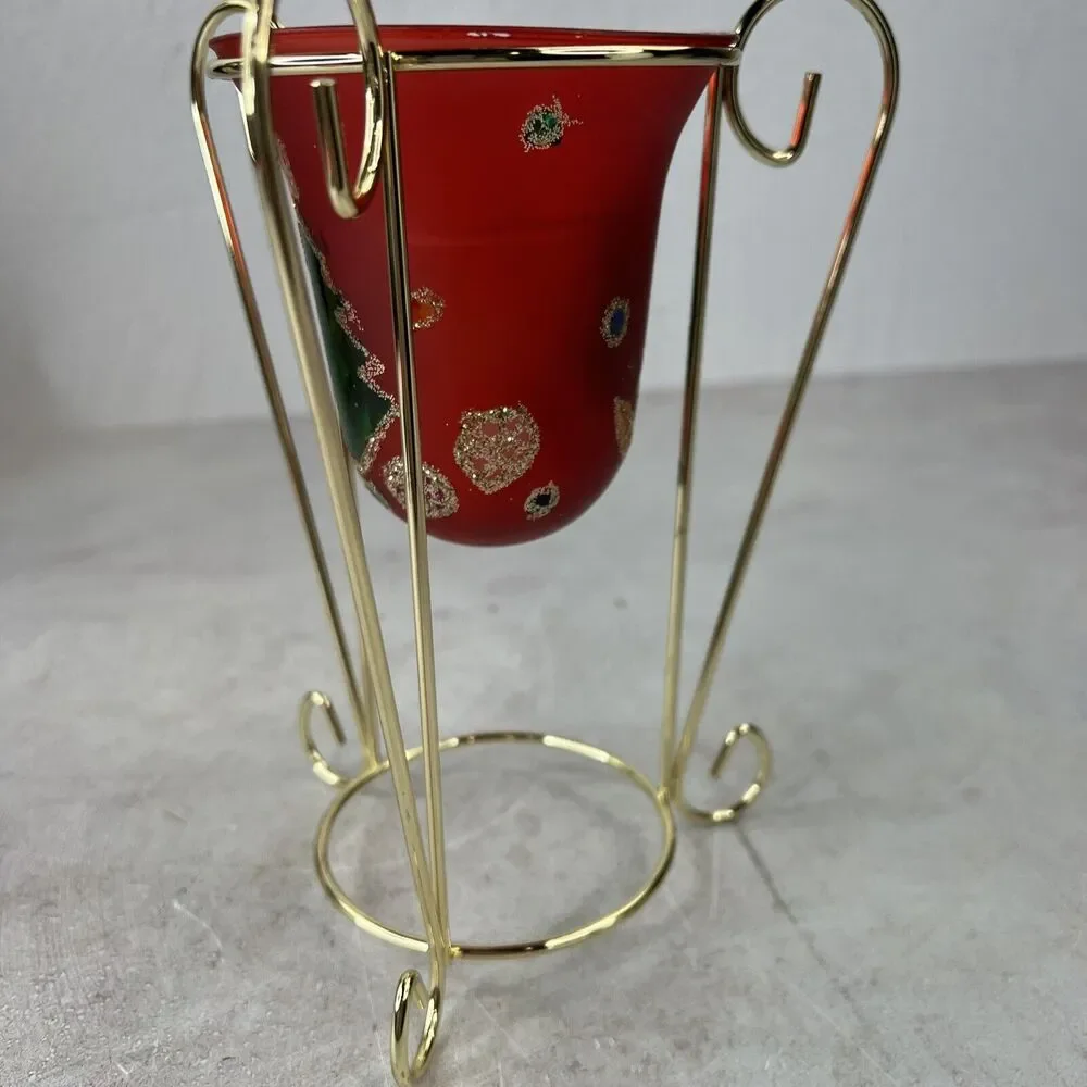 Vintage Hand painted Red Glass Candle Holder With‎ Metal Stand Chipped Paint